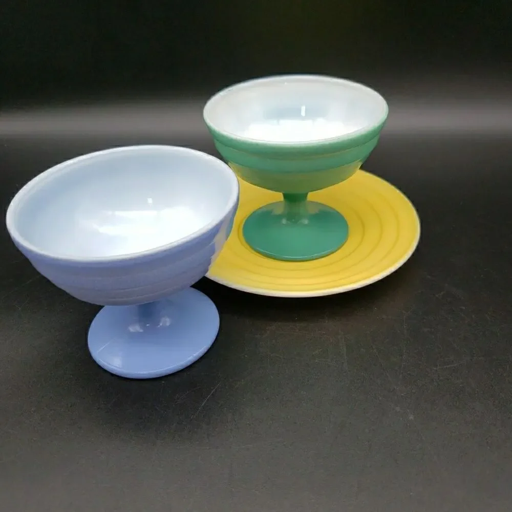 Vtg Hazel Atlas Moderntone Platonite 4pc Pastel Mixed Set Blue Green Yellow Pink